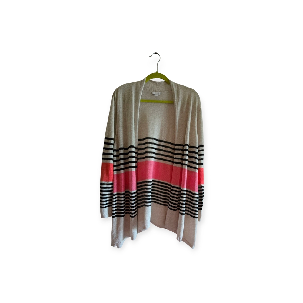 J. Jill Cream Open Cardigan with Black Stripes and Hot Pink Band